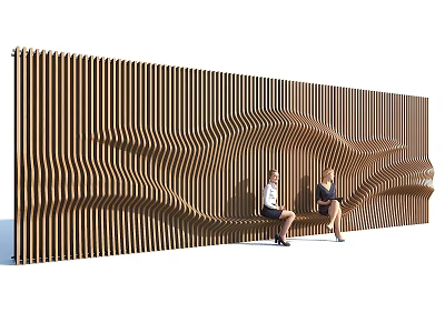 Modern Outdoor Chair With Wavy Wooden Screen Wall For Relaxing Seating Area 3d model