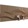 Modern Outdoor Chair With Wavy Wooden Screen Wall For Relaxing Seating Area