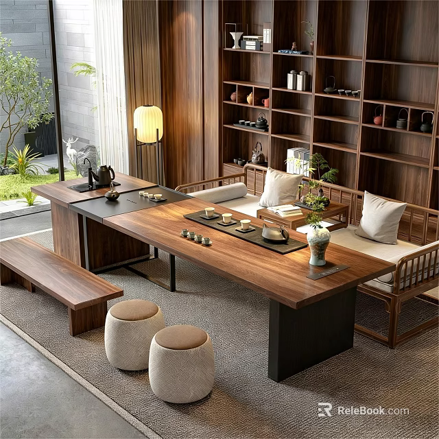 Natural Solid Wood Tea Table And Chair Set For Cozy New Chinese Style Tea Room 3d model 