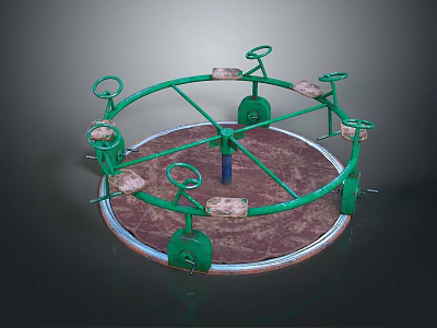 Green Metal Circular Rotating Playground Equipment With Wooden Seats For Kids 3d model