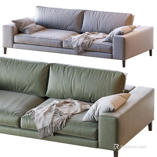 Modern Green And Light Gray Two Seater Sofa With Pillows And Blanket 3d model 