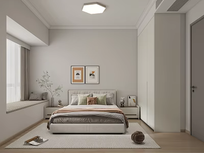 Modern Bedroom Interior With Double Bed Framed Artworks Bedside Tables And Area Rug 3d model