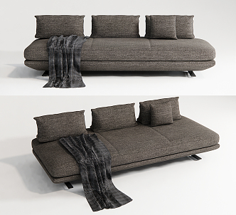 Modern Three-seat Sofa Multi-person Sofa Long-strip Sofa Pillow Blanket Casual Sand 3d model