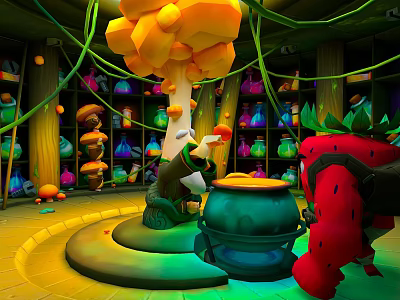 Cartoon Scene With Yellow Mushroom Tree Green Vines Colorful Bottles On Shelves And Cartoon Characters 3d model