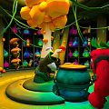 Cartoon Scene With Yellow Mushroom Tree Green Vines Colorful Bottles On Shelves And Cartoon Characters