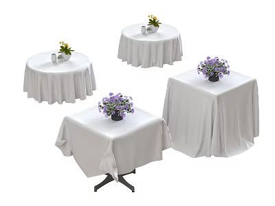 Stylish Dining Table Set With White Tablecloths Flower Vases And Purple Flowers 3d model