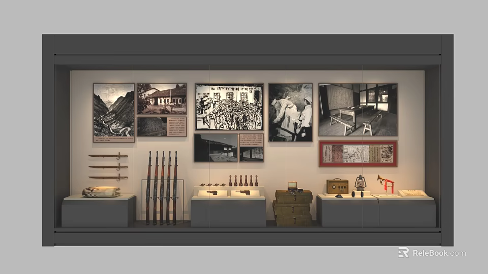 Museum Exhibition Showcase With Historical Photos Rifles Vintage Items And Artifacts 3d model 