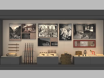 Museum Exhibition Showcase With Historical Photos Rifles Vintage Items And Artifacts 3d model