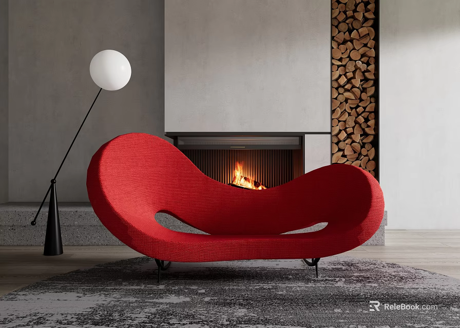 Stylish Curved Red Double Sofa In Modern Living Room With Fireplace And Floor Lamp 3d model 
