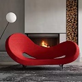 Stylish Curved Red Double Sofa In Modern Living Room With Fireplace And Floor Lamp
