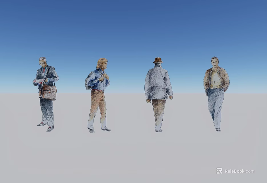Four Men Standing In Different Poses With Various Outfits Against Blue Sky 3d model 