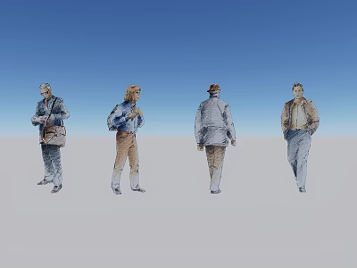 Four Men Standing In Different Poses With Various Outfits Against Blue Sky 3d model