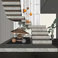Modern Staircase Interior With Marble Steps Gold Accents Chandelier And Decorative Plants