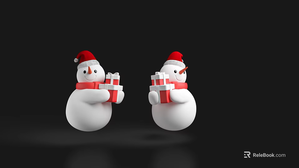 Two Snowmen Wearing Red Santa Hats And Red Scarves Holding Gift Boxes On Black Background 3d model 