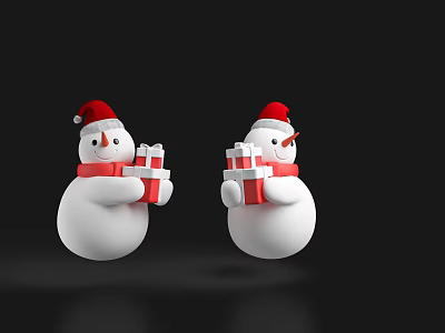 Two Snowmen Wearing Red Santa Hats And Red Scarves Holding Gift Boxes On Black Background 3d model