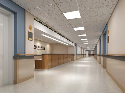 Hospital Outpatient Clinic Interior Featuring Long Corridor Reception Desk Bright Lights And Clean Flooring 3d model