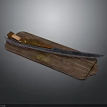 Handcrafted Decorative Knife With Blue Patterned Blade And Wooden Handle On Leather Sheath
