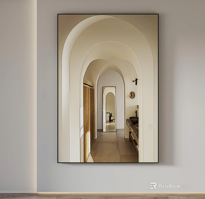 Minimalist Arched Corridor Design With Mirror Wall Decor And Stone Flooring 3d model 
