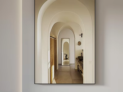 Minimalist Arched Corridor Design With Mirror Wall Decor And Stone Flooring 3d model