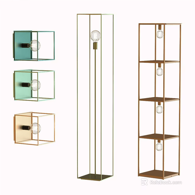 Modern Geometric Lighting Combination With Square Frames And Tall Stand Shelves 3d model 