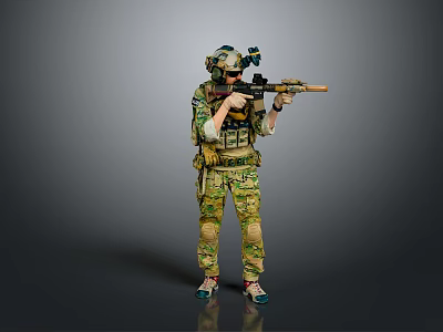 Tactical Game and Movie Character in Camouflage Uniform Holding Rifle with Helmet 3d model