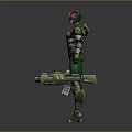 Armored Character In Green And Red Armor With Helmet And Weapons 3D Model Standing Pose