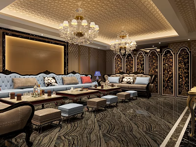 Luxurious KTV Room Interior With Sofas Coffee Tables Elegant Chandeliers And Decorative Walls 3d model