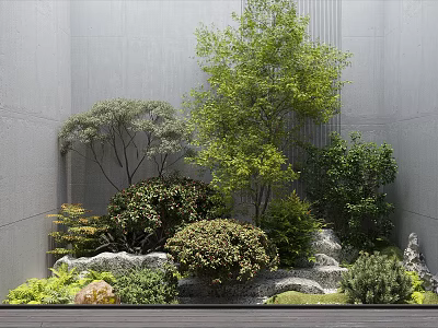 Serene Garden Courtyard With Various Green Plants Trees Shrubs And Stones Against Gray Walls 3d model