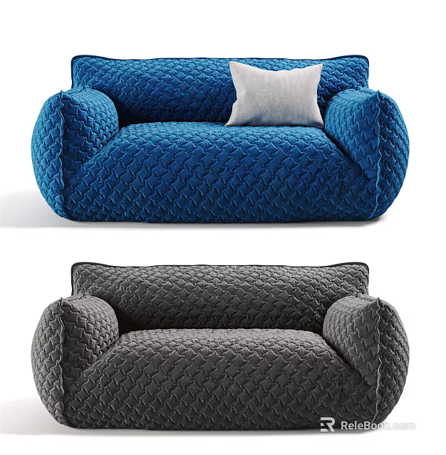 Blue And Gray Quilted Texture Sofa With Rounded Armrests And White Cushion 3d model