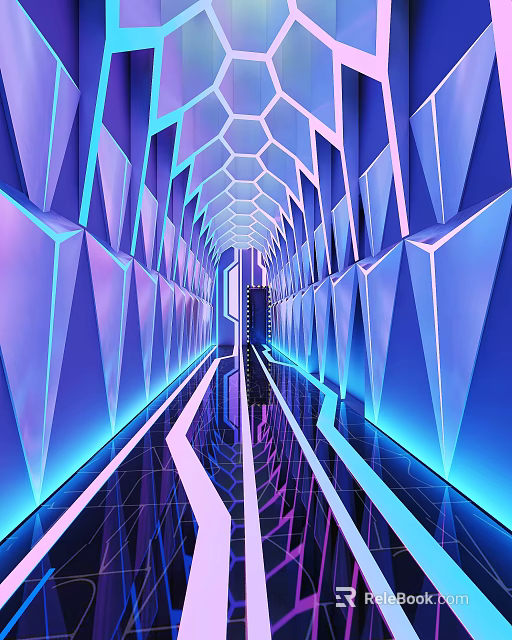 Futuristic Elevator Corridor With Geometric Wall Patterns Blue Purple Neon Lighting And Reflective Floor 3d model 