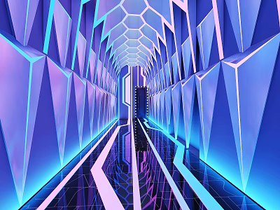 Futuristic Elevator Corridor With Geometric Wall Patterns Blue Purple Neon Lighting And Reflective Floor 3d model