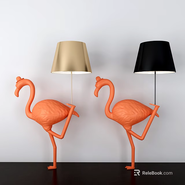 Modern Orange Flamingo Shaped Floor Lamps With Gold And Black Shades 3d model 