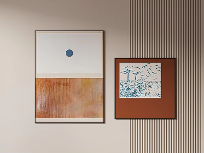 Modern Abstract Paintings With Blue Circle Orange Section And Blue Lines On Striped Wall 3d model