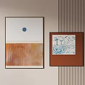 Modern Abstract Paintings With Blue Circle Orange Section And Blue Lines On Striped Wall