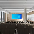Large Conference Room Featuring Stepped Seating Wooden Walls Landscape Painting And Large Windows