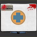 White DELUX First Aid Kit With Blue Cross Symbol Red Stains And Blue Latch