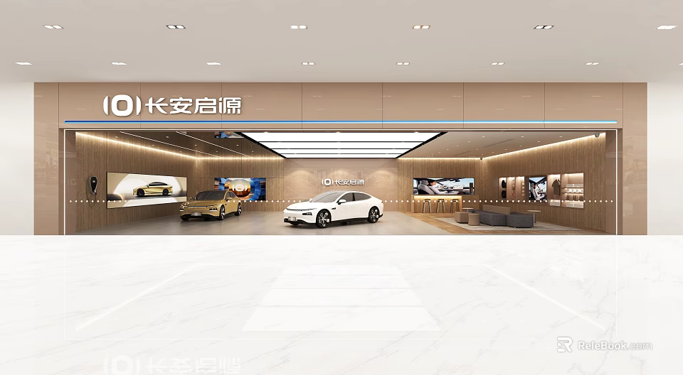 Changan Qiyuan Car Showroom Interior With Displayed Vehicles And Modern Lighting 3d model 
