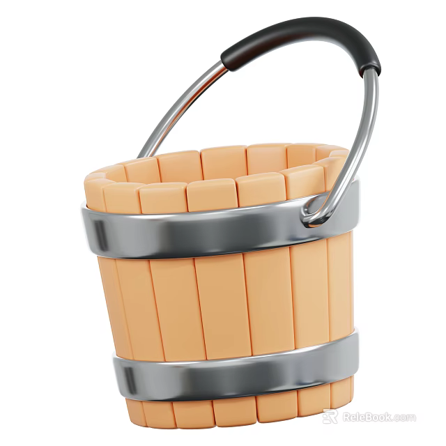 Rustic Wooden Bucket Design Featuring Metal Hoops And Sturdy Handle 3d model 