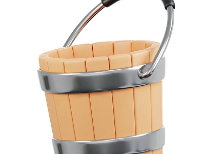 Rustic Wooden Bucket Design Featuring Metal Hoops And Sturdy Handle 3d model