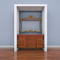 Elegant White Vanity With Golden Trimmed Mirror Drawers And Storage Cabinet
