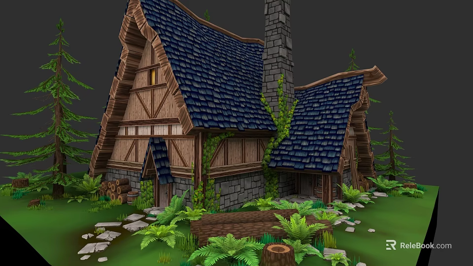 Rustic Garden Landscape with Wooden Cottage Blue Tiled Roof Stone Path and Ferns 3d model 
