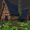 Rustic Garden Landscape with Wooden Cottage Blue Tiled Roof Stone Path and Ferns