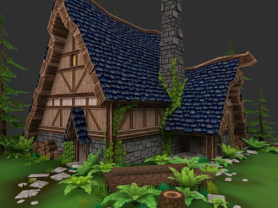 Rustic Garden Landscape with Wooden Cottage Blue Tiled Roof Stone Path and Ferns 3d model