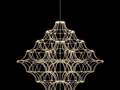 Elegant Modern Multi Layered Geometric Chandelier Featuring Illuminated Metal Frame Structure 3d model