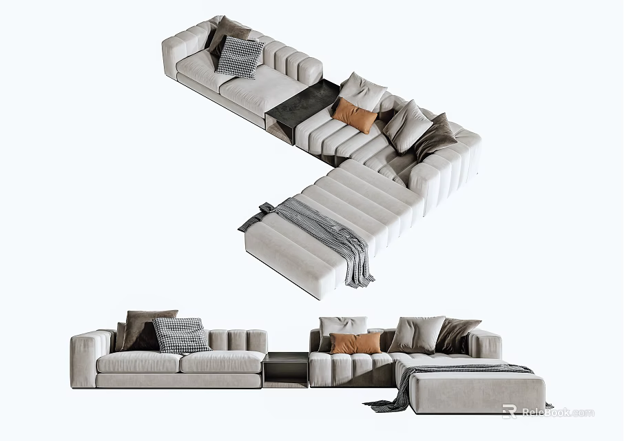 Light Colored L Shaped Sectional Sofa with Decorative Cushions and Throw Blanket 3d model
