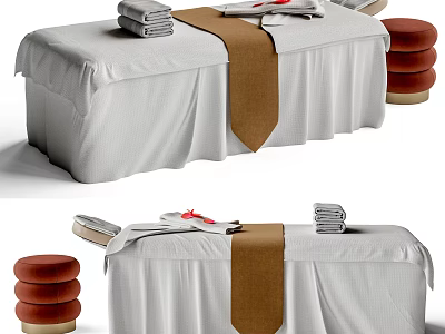 Elegant Massage Bed Setup With White Sheets Brown Towel And Stacked Towels 3d model