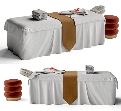 Elegant Massage Bed Setup With White Sheets Brown Towel And Stacked Towels 3d model
