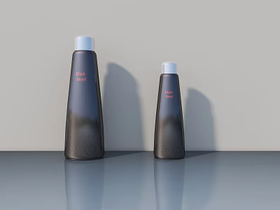 Two Black Hair Wash Bottles With White Caps And Red Text On Grey Countertop 3d model