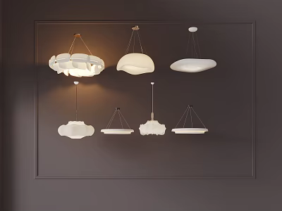 Modern White Chandeliers With Various Designs Hanging On Dark Wall Background 3d model