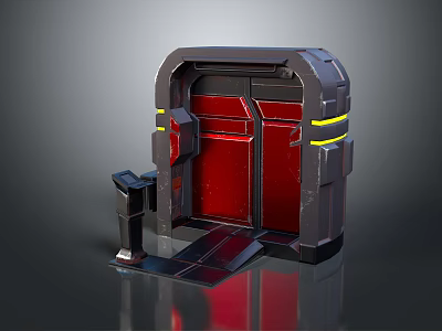 Sci-Fi Chamber Door Design With Gray Frame Red Panels And Yellow Accent Stripes Metallic Structure 3d model
